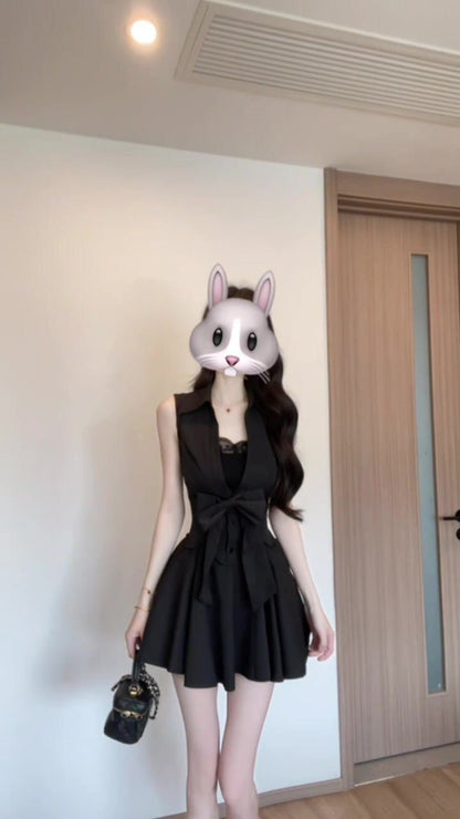 💕現貨秒出🍓御姐赫本風黑色POLO無袖澎澎裙組