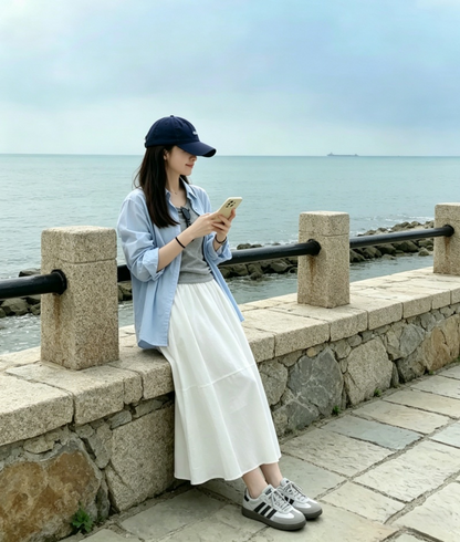 休閒藍色長袖寬鬆半身裙三件套