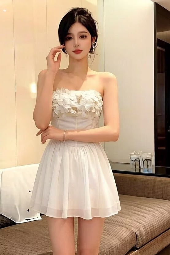 法式立體花朵抹胸小短裙