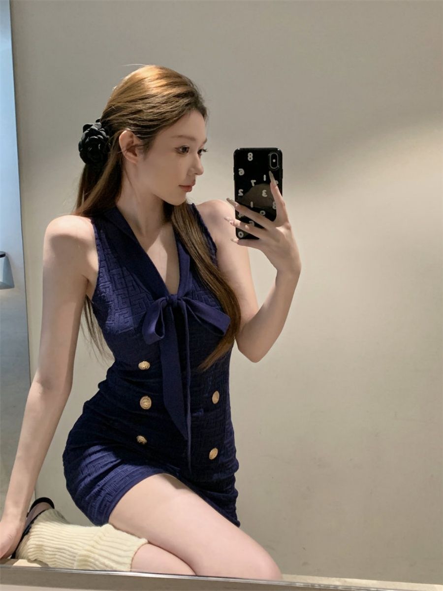 💕現貨秒出🍓小香風無袖收腰針織背心連衣裙