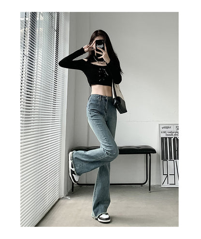 💕現貨秒出🍓毛邊懷舊藍高腰微喇叭牛仔褲