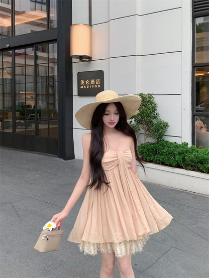 溫柔輕紗蕾絲抹胸連身短裙