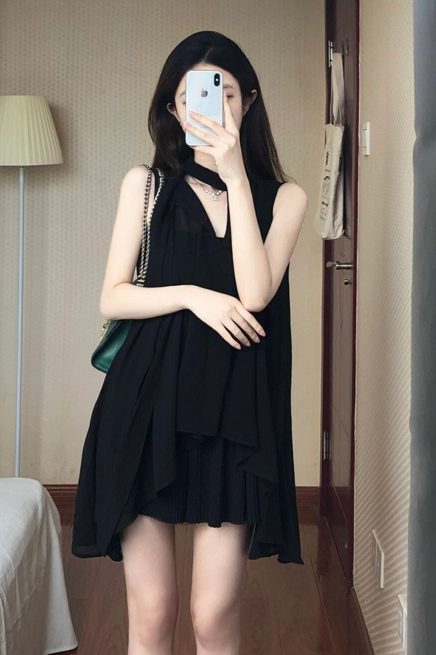 💕現貨秒出🍓法式氣質顯瘦掛脖雪紡吊帶連身衣