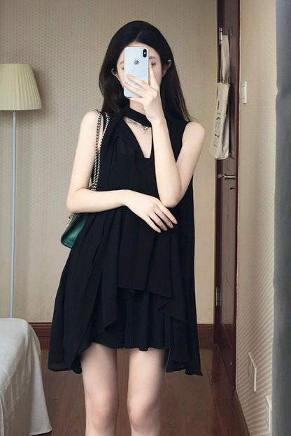 💕現貨秒出🍓法式氣質顯瘦掛脖雪紡吊帶連身衣