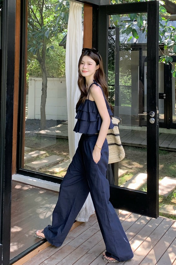 春夏清冷系荷葉邊配長褲兩件套