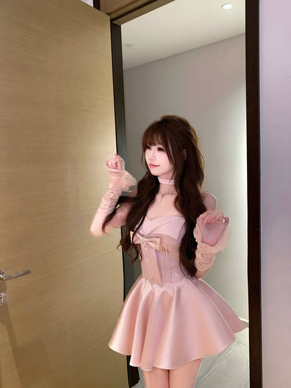 約會溫柔玫瑰色珠光小禮服