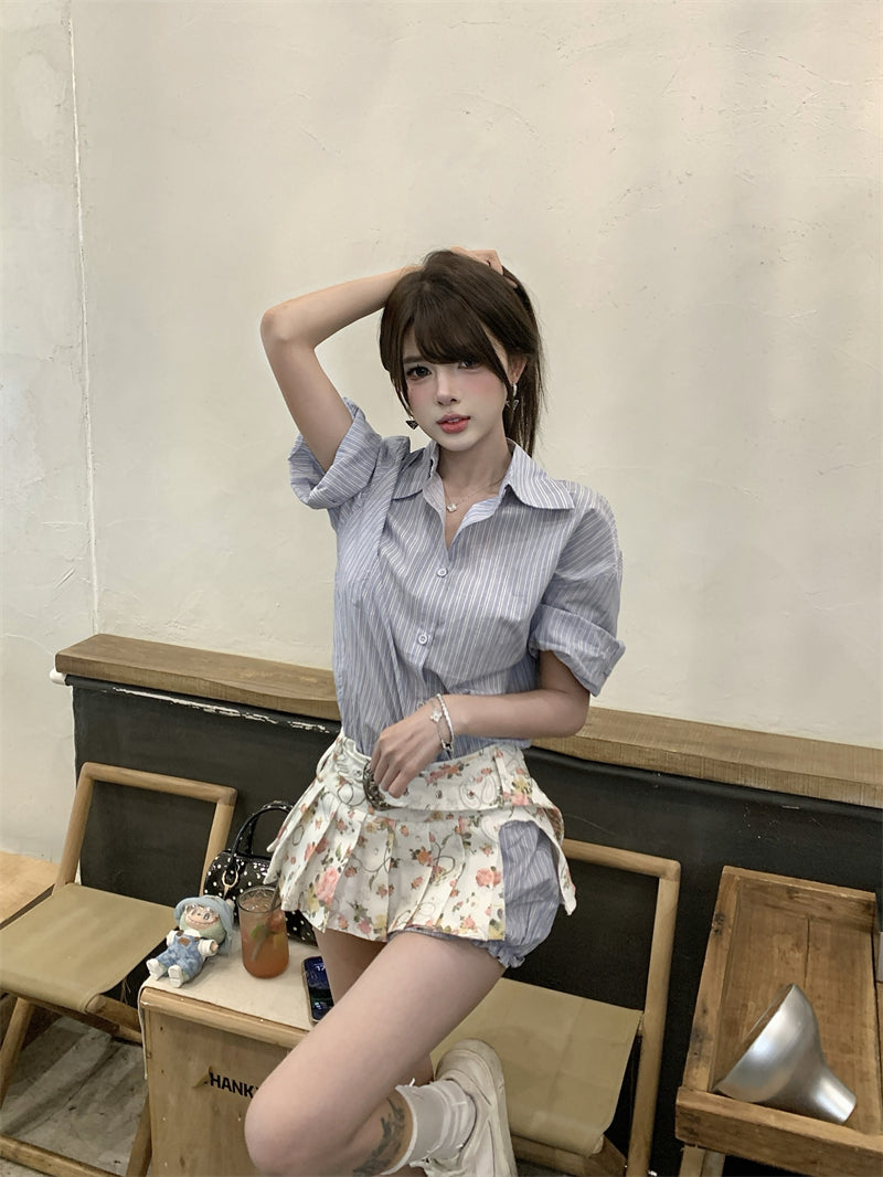 韓系條紋襯衫百褶短半裙兩件套