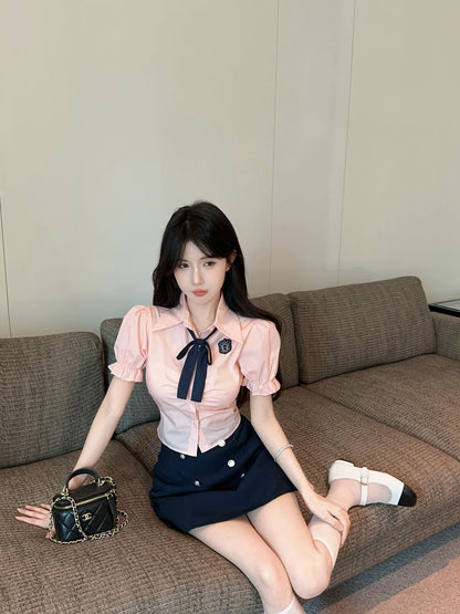 韓系jk學院風襯衫高腰短裙兩件套