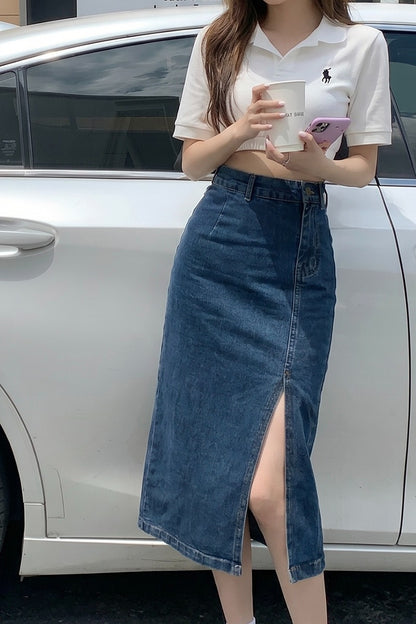 💕現貨秒出🍓韓系牛仔半身高腰中長開岔包臀裙