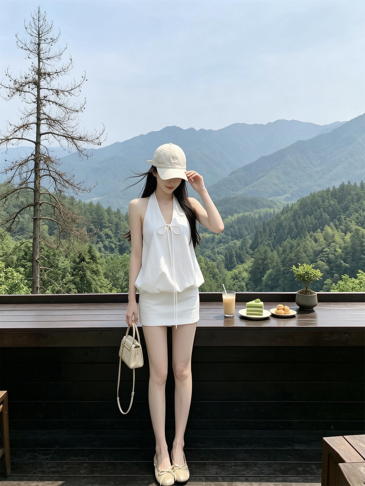 💕現貨秒出🍓韓系白色V領掛脖無袖包臀兩件套