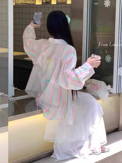 韓系多巴胺彩虹條紋慵懶開衫上衣