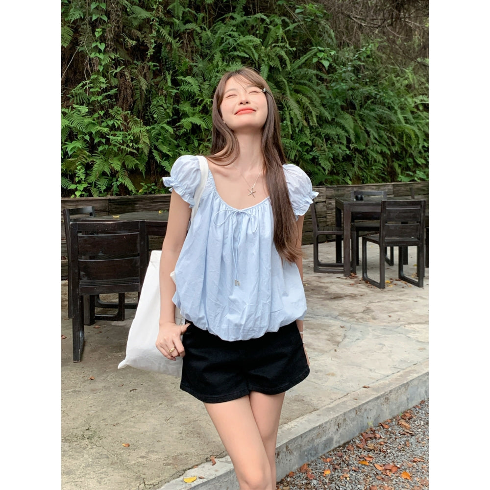 白月光泡泡袖甜美小個子短上衣
