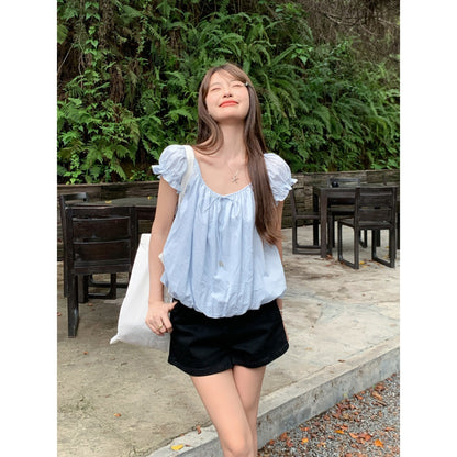 白月光泡泡袖甜美小個子短上衣