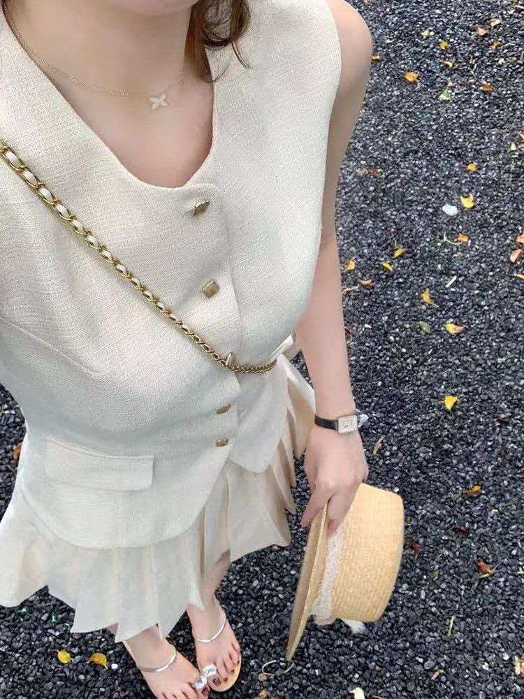 💕現貨秒出🍓高級復古小香風無袖上衣&高腰百褶裙兩件套