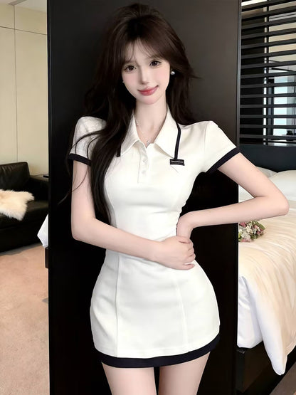 💕現貨秒出🍓ins風質感polo領短袖包臀收腰連衣裙