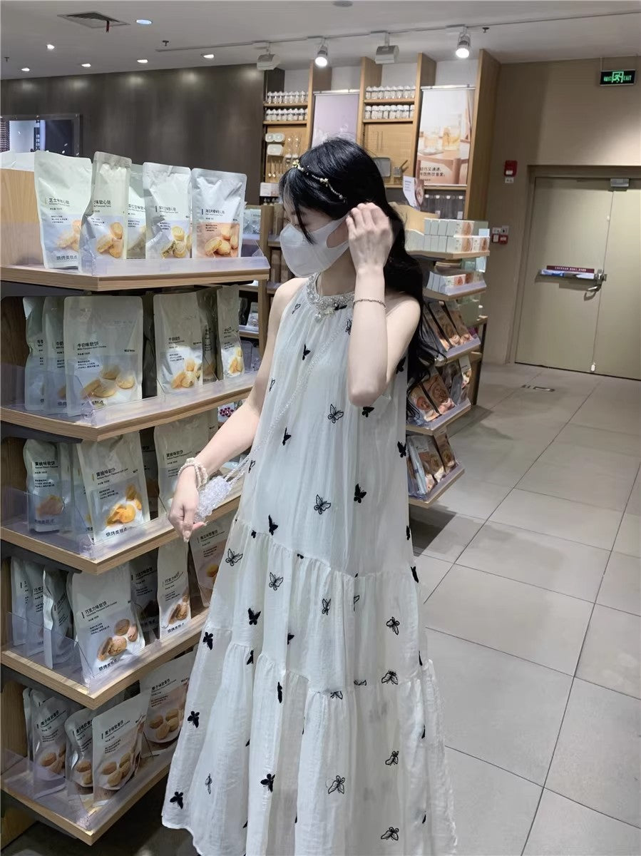 💕現貨秒出🍓氣質無袖掛脖刺繡蝴蝶連衣長裙