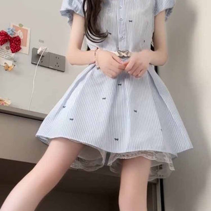 韓系小個子藍色條紋襯衫連衣裙