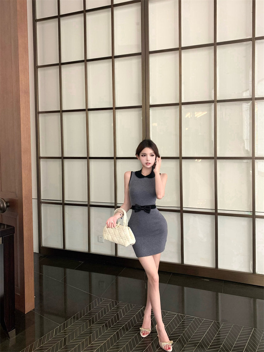 韓系POLO蝴蝶結小香風娃娃領連身裙