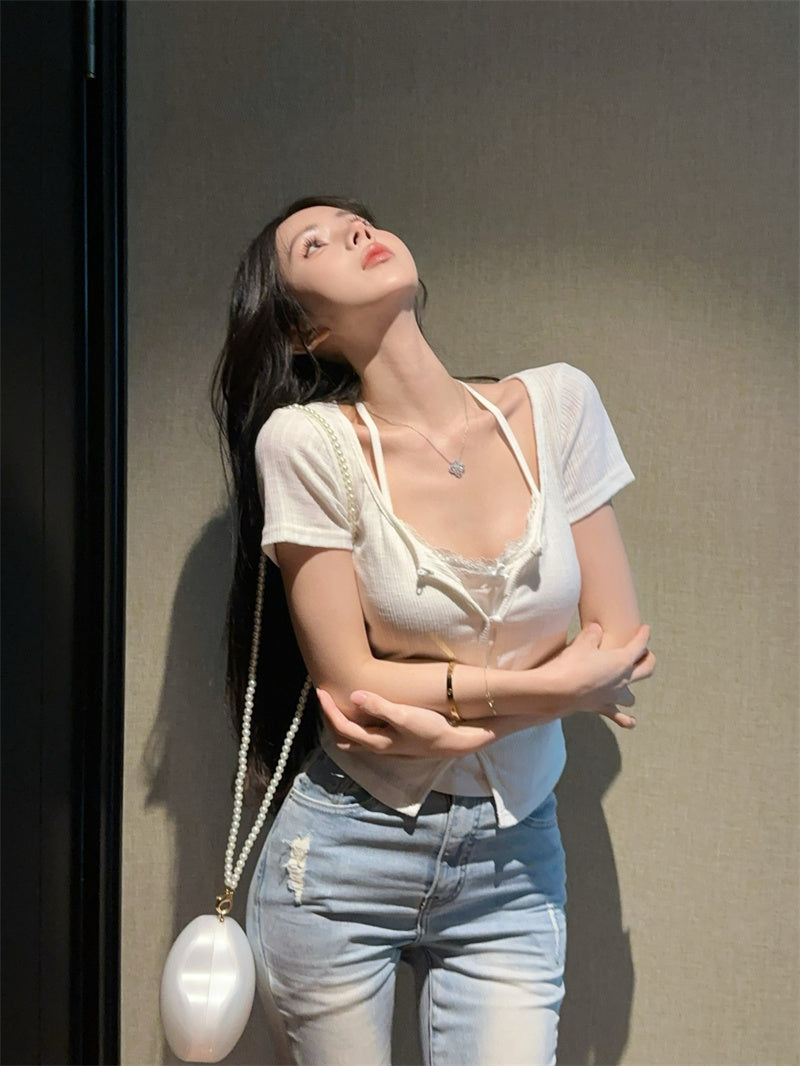 美式假兩件蕾絲掛脖顯瘦短袖上衣