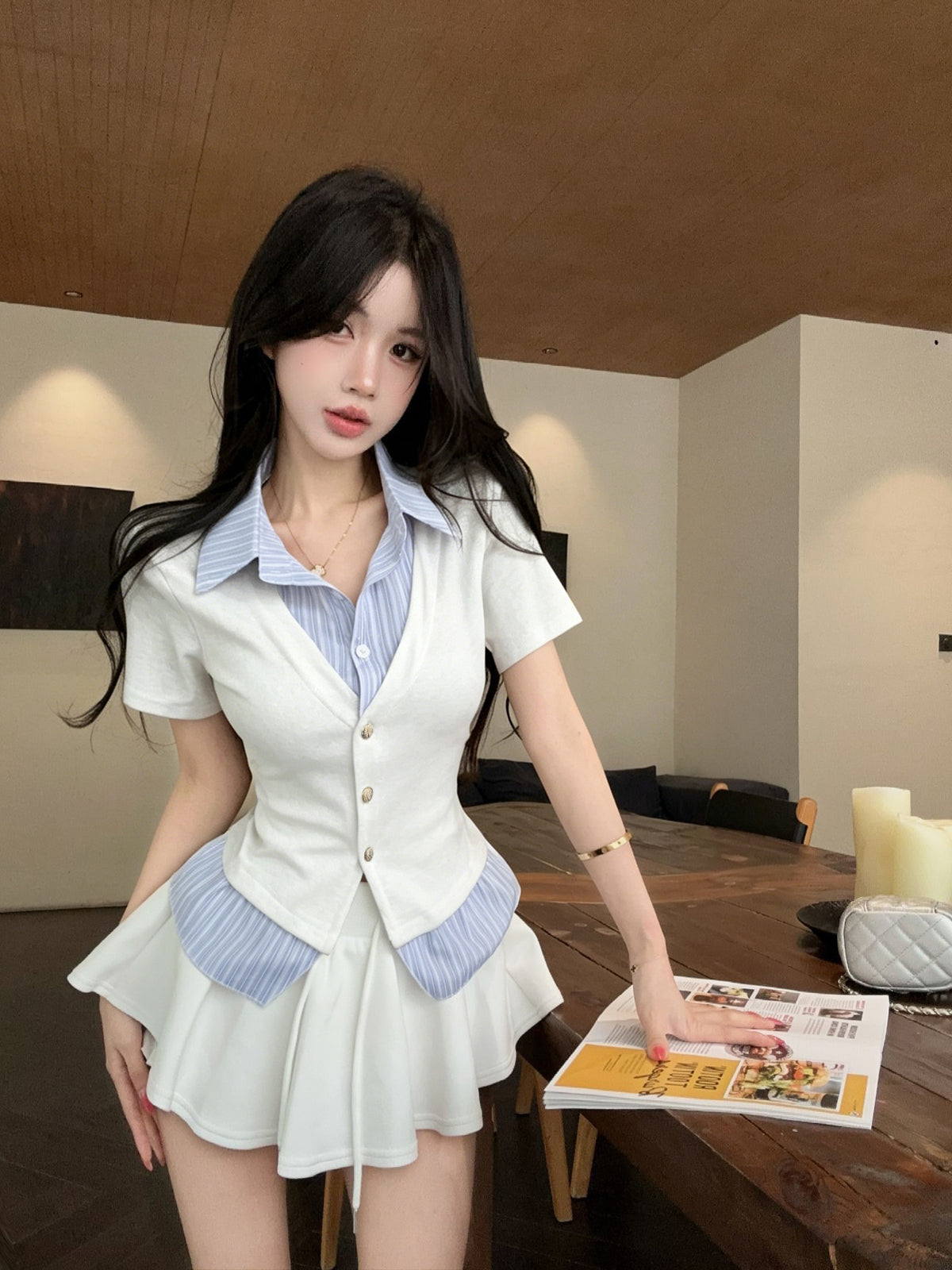 韓系假兩件拼接短袖襯衫上衣