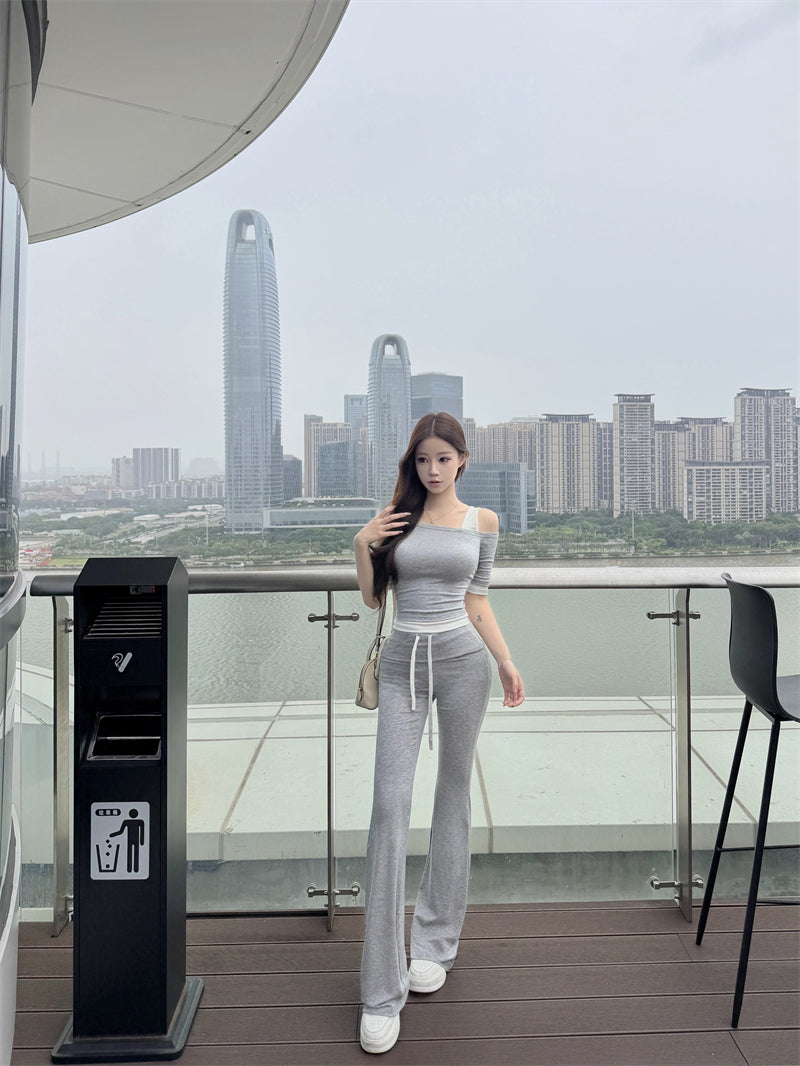 慵懶簡約假兩件斜肩灰色兩件套