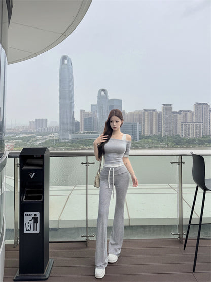 慵懶簡約假兩件斜肩灰色兩件套