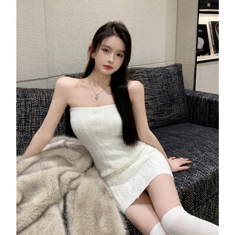 💕現貨秒出🍓韓系一字領露肩鎖骨針織包臀裙