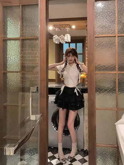 韓系蝴蝶結綁帶收腰蛋糕裙兩件套