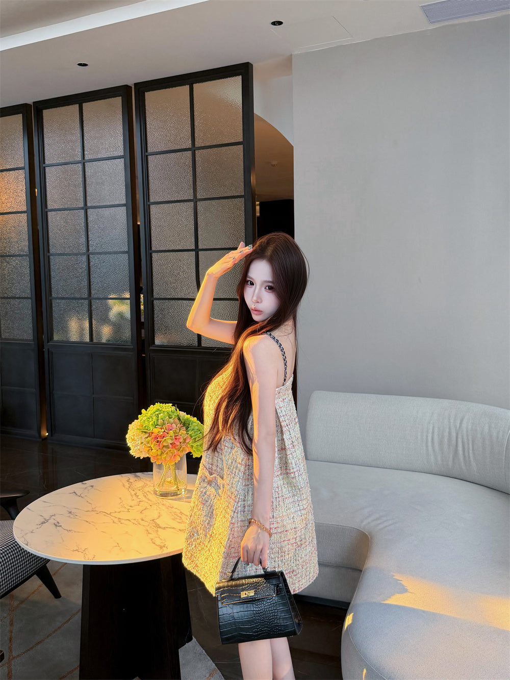名媛彩紗小香風吊帶裙
