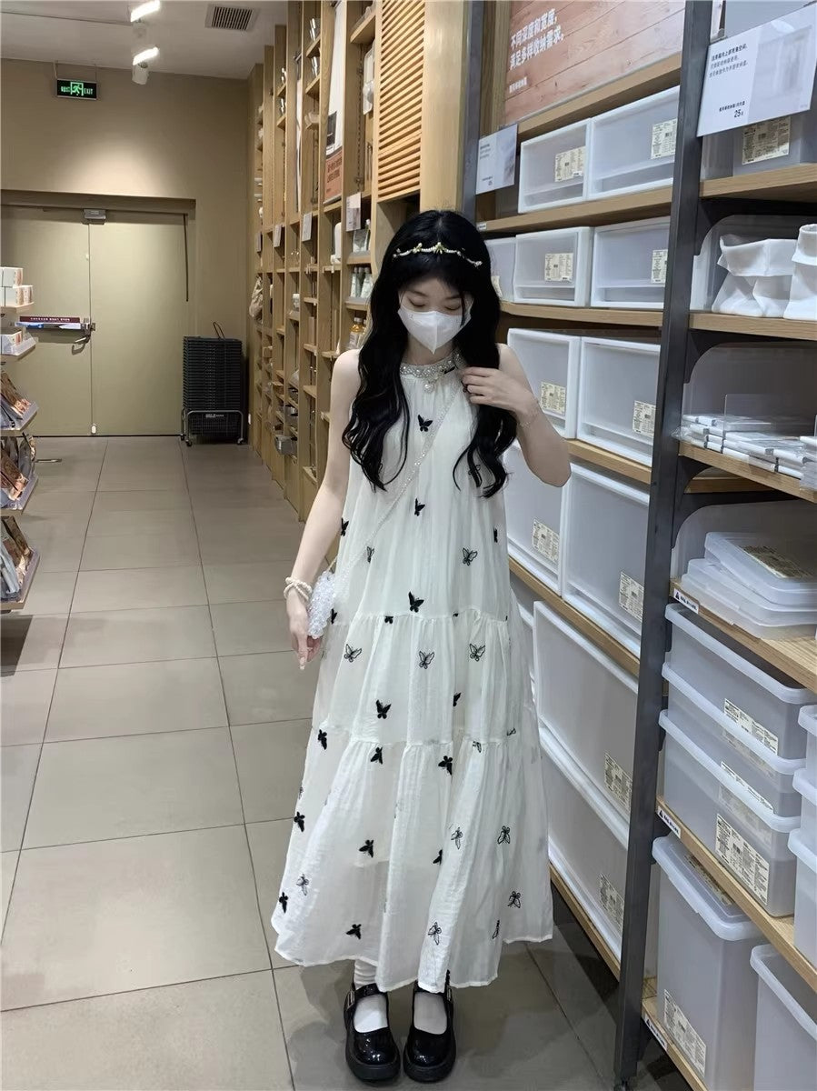 💕現貨秒出🍓氣質無袖掛脖刺繡蝴蝶連衣長裙