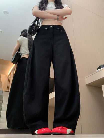 美式辣妹黑色垂感牛仔寬鬆長褲