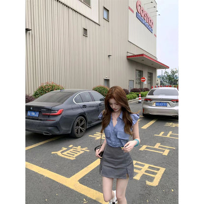 甜辣風藍色V領襯衫上衣&高腰包臀短裙兩件套