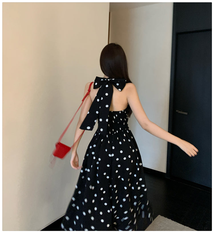 春夏法式可愛點點掛脖開衩中長裙