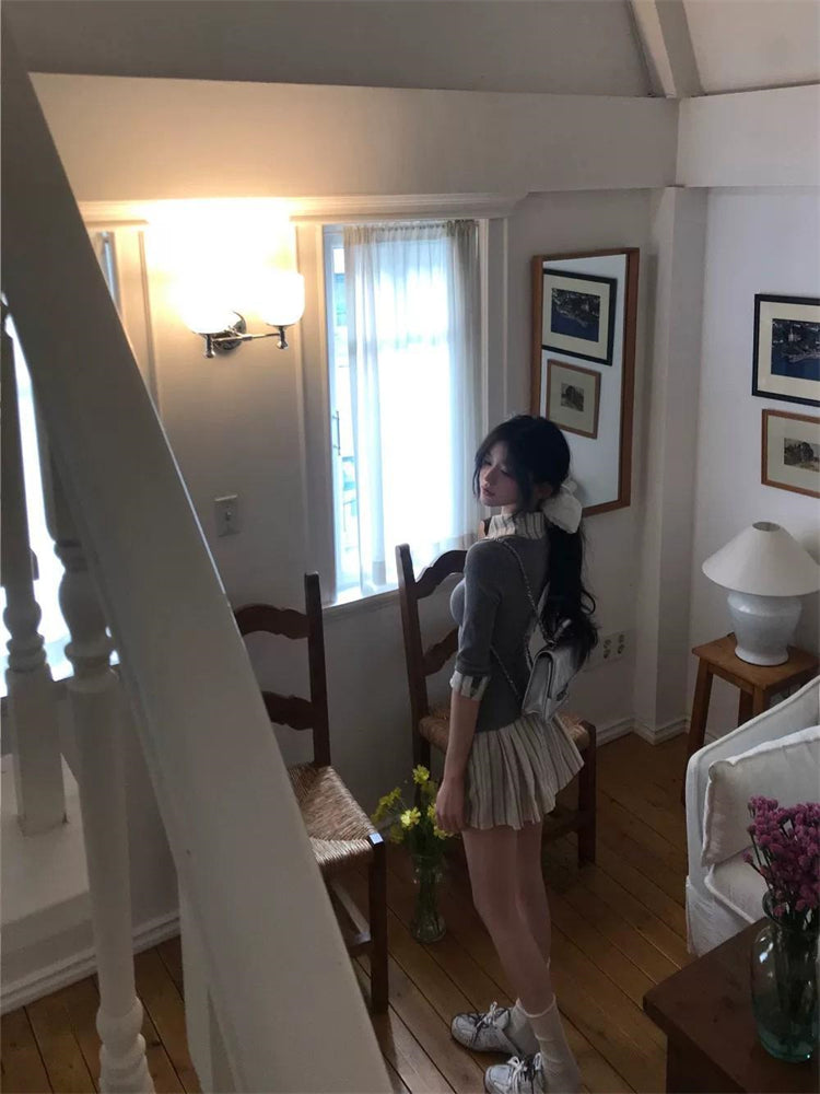 氣質polo翻領條紋拼接中袖連衣裙
