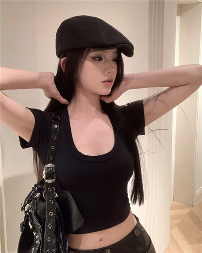 U領低胸短款露臍短T