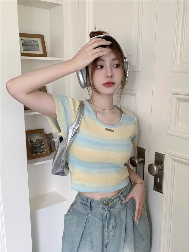 💕現貨秒出🍓多巴胺彩虹漸變色條紋針織T袖