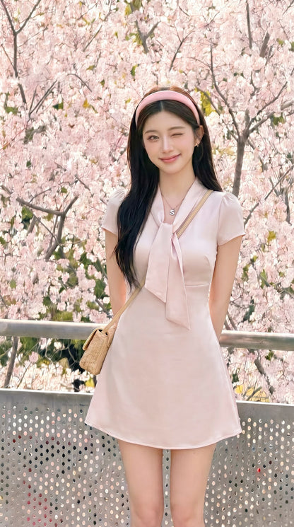 韓系甜美粉色千金學院風連身裙