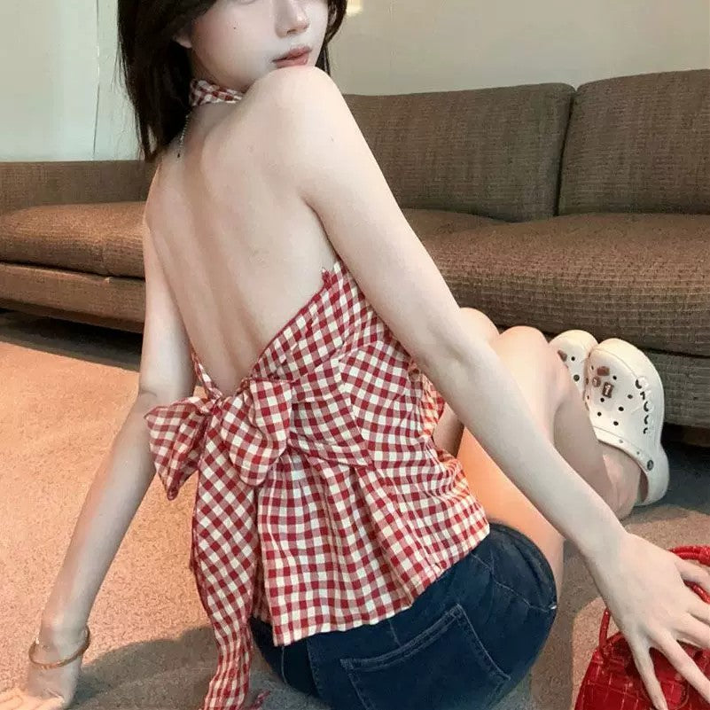 💕現貨秒出🍓夏日紅色格子無袖掛脖背心