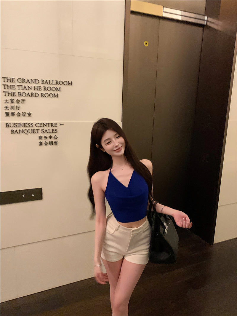 顯白寶藍色盪領修身吊帶衫露背短款上衣