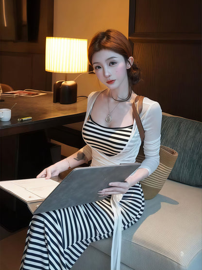 💕現貨秒出🍓純御辣妹黑白條紋吊帶連衣裙&綁帶防曬外套兩件套
