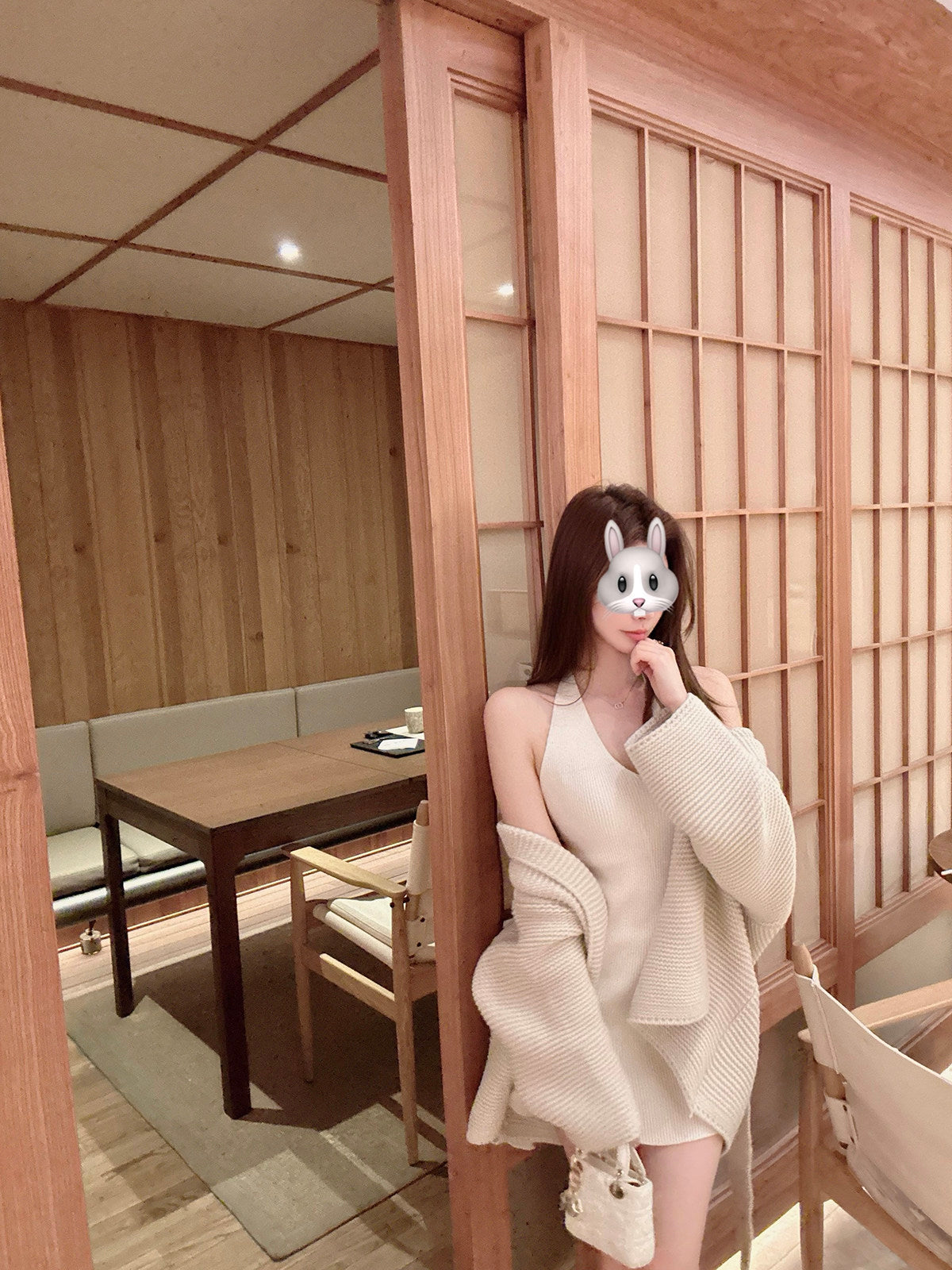 💕現貨秒出🍓韓系掛脖吊帶羊毛粗針針織開衫外套套裝