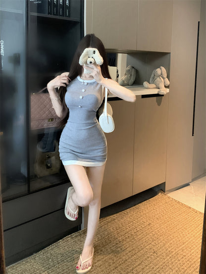 輕熟拼色圓領背心包臀短裙