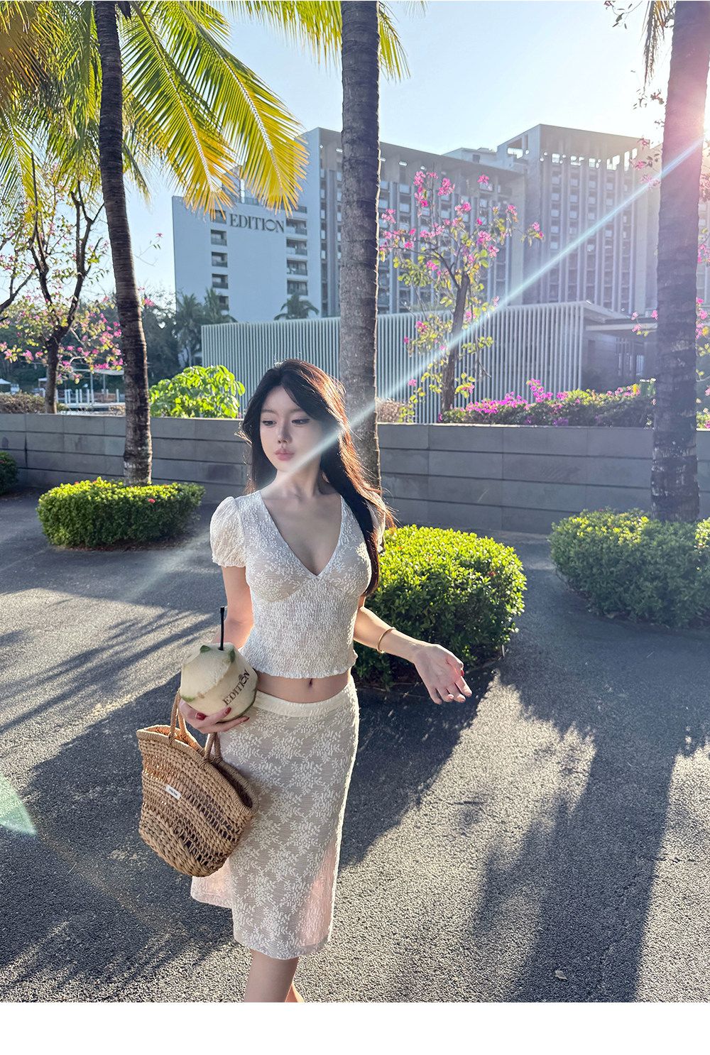 度假溫柔V領蕾絲短袖半身裙套裝