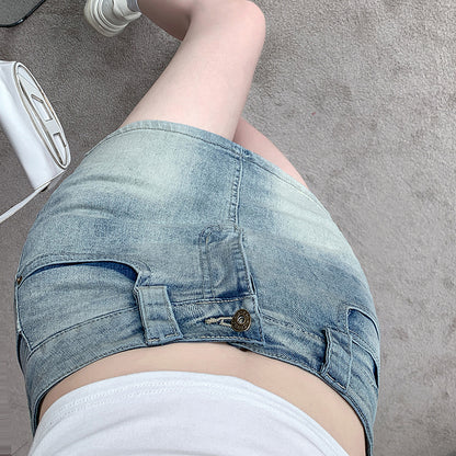 💕現貨秒出🍓復古水洗牛仔高腰短褲裙