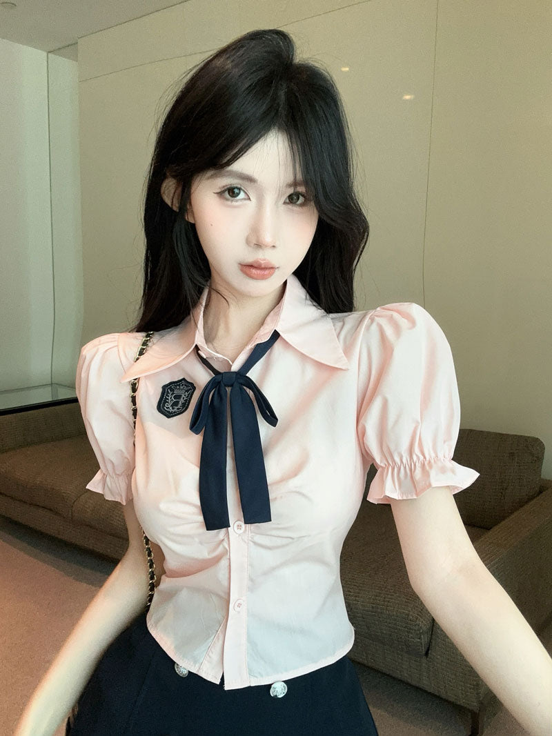 韓系jk學院風襯衫高腰短裙兩件套