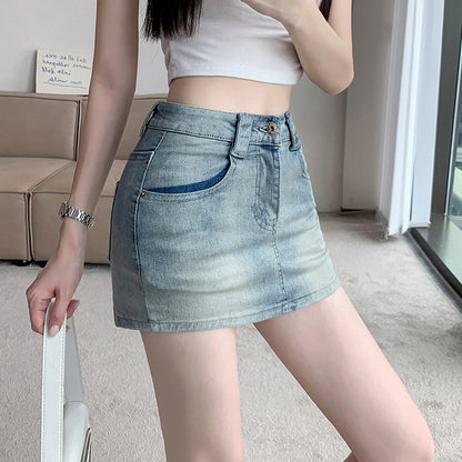 💕現貨秒出🍓復古水洗牛仔高腰短褲裙