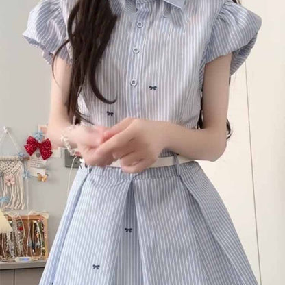 韓系小個子藍色條紋襯衫連衣裙