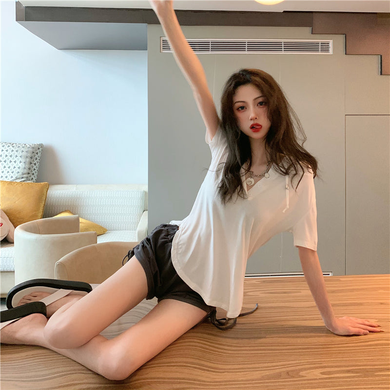 夏季連帽修身不規則短袖上衣&高腰抽繩短褲兩件套