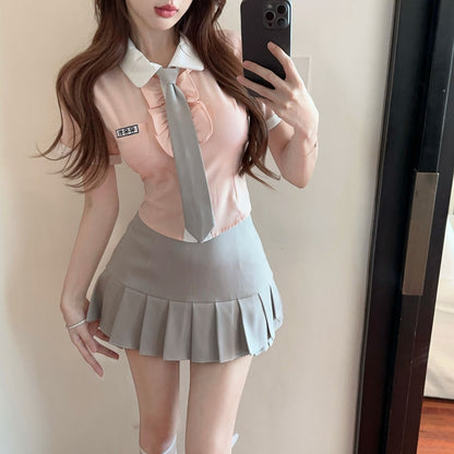 學院風淺粉JK制服套裝兩件套(含領帶)