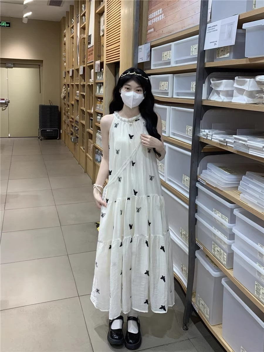 💕現貨秒出🍓氣質無袖掛脖刺繡蝴蝶連衣長裙